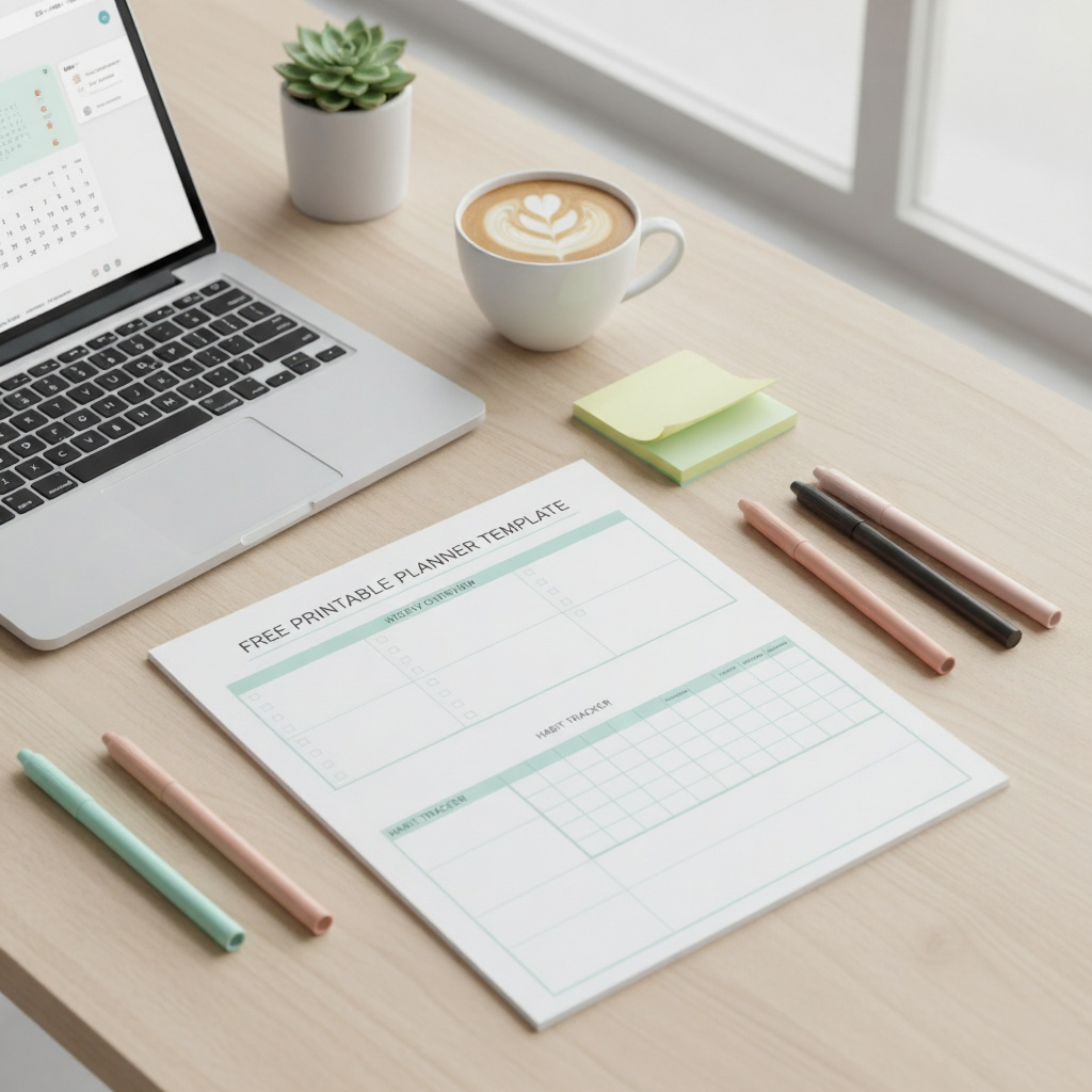 Flat lay of a free printable planner template with weekly overview, priority boxes, and habit tracker, surrounded by pens, laptop, coffee, and sticky notes.