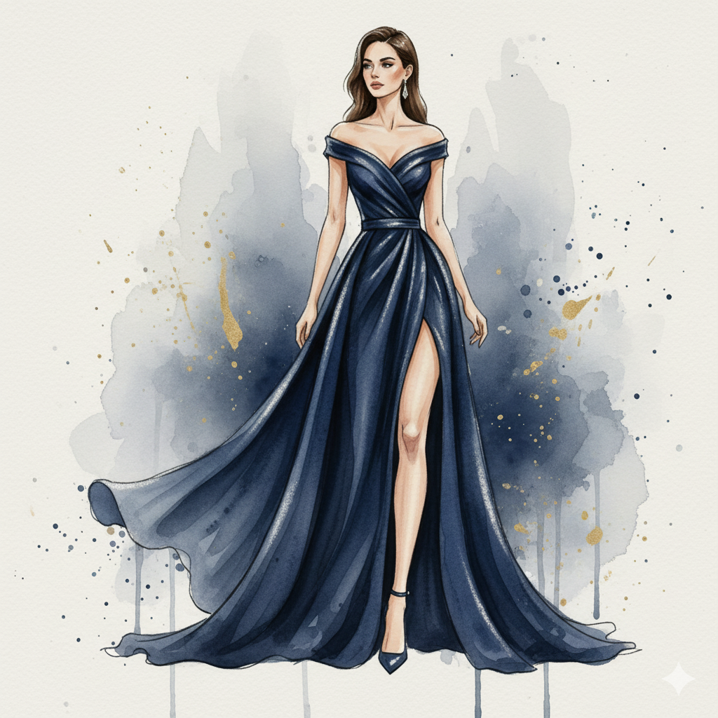 watercolor fashion print of elegant woman in navy blue gown – sophisticated evening wall art