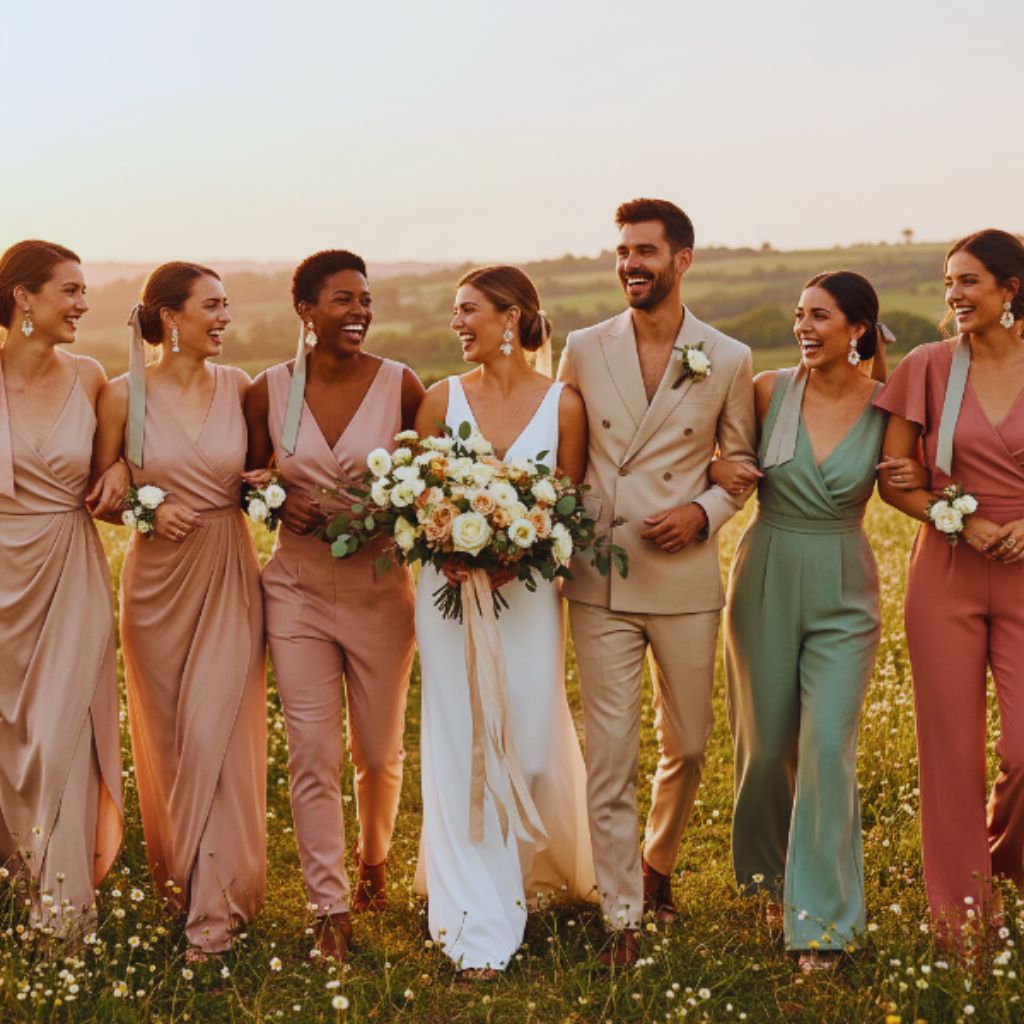 “Diverse bridal party in fluid, tailored, and coordinated neutral outfits, celebrating inclusively outdoors.”