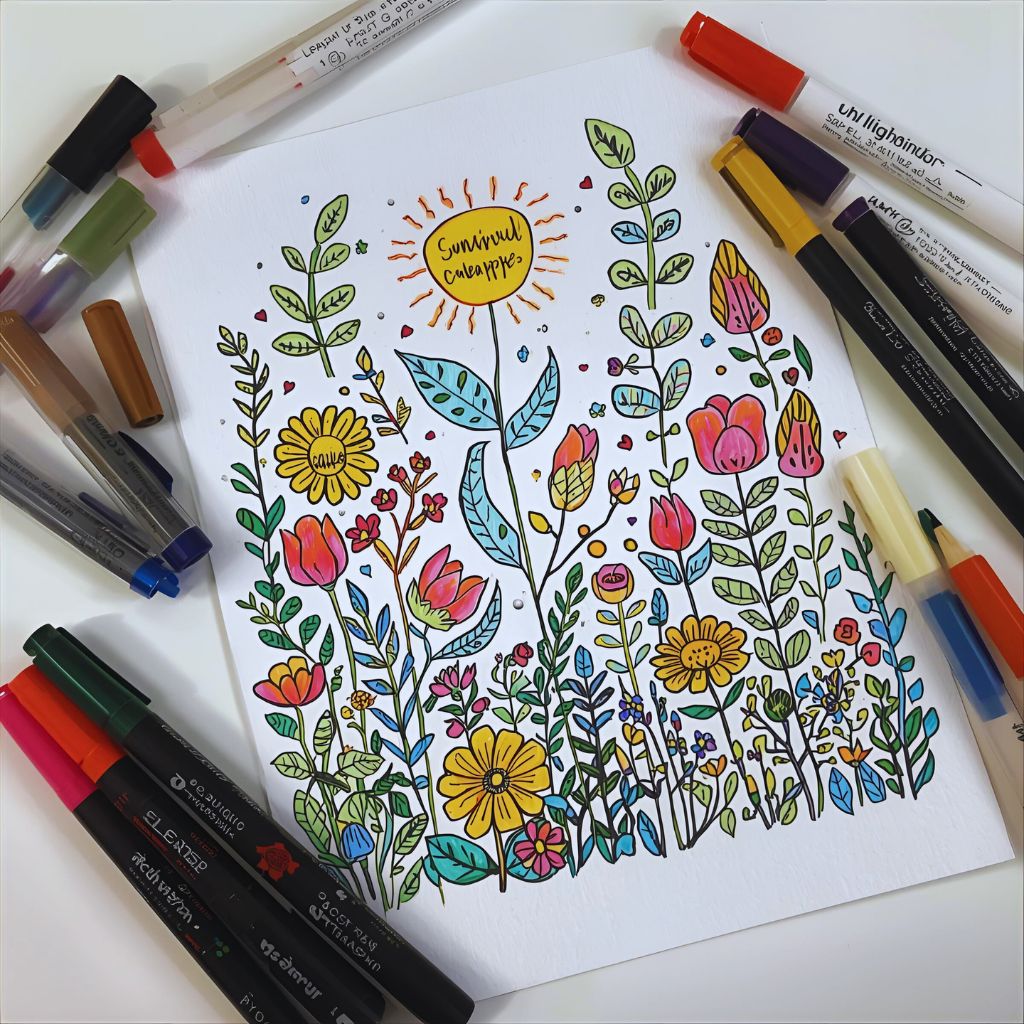 Hand-drawn garden with flowers and leaves, each labeled with things the artist is grateful for, surrounded by markers.