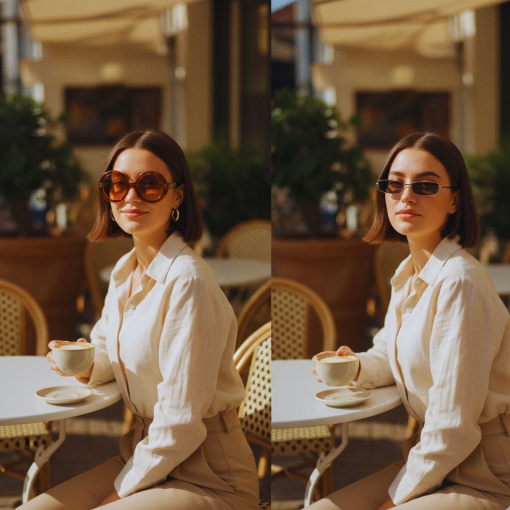 “Heart-shaped face wearing round 70s glasses and rectangular 90s wireframes that balance proportions.”