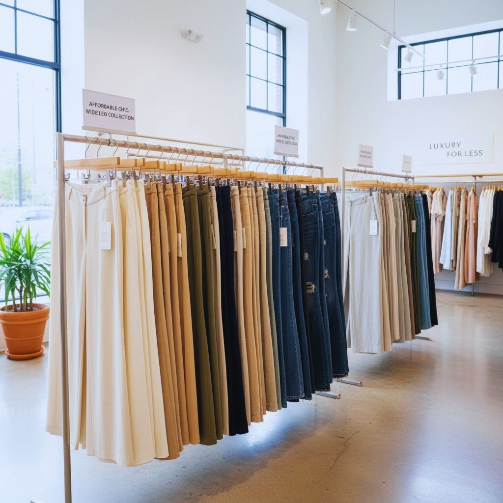 Wide-leg pants and trousers displayed neatly in a modern high-street fashion store.