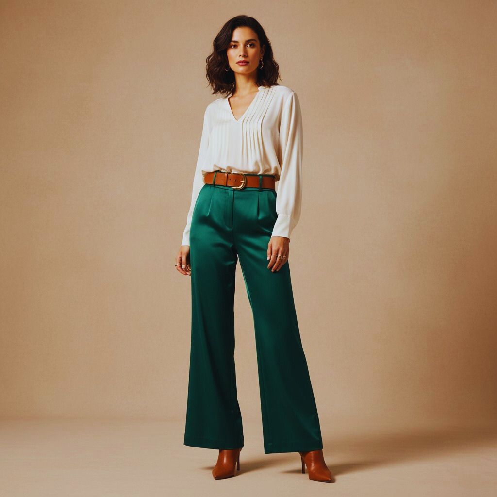 Model wearing high-waisted flared pants with a belt and tucked-in blouse emphasizing the waistline.