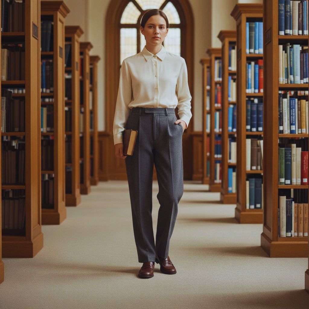 High-waisted wool trousers paired with button-up shirt and loafers in classic academic style.