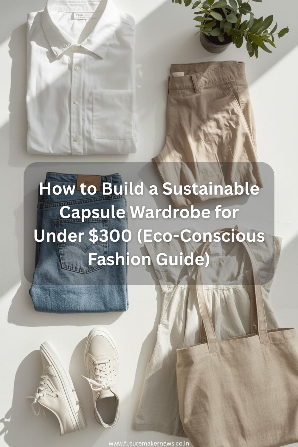 Flat lay of neutral sustainable clothing items and accessories arranged neatly to illustrate a budget-friendly capsule wardrobe.