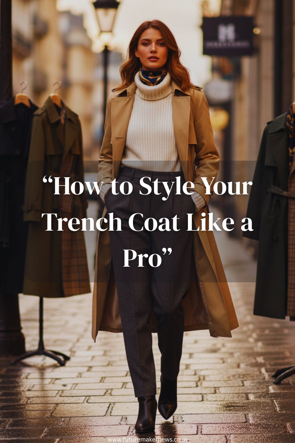 A stylish person wearing a beige trench coat tied at the waist with chic layers and accessories, illustrating how to tie, layer, and style a trench coat elegantly.