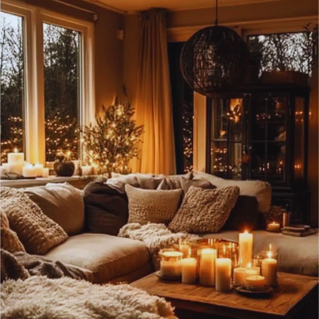 Castlecore interior with velvet throws, layered rugs, and soft lighting highlighting rustic wood and brass textures.