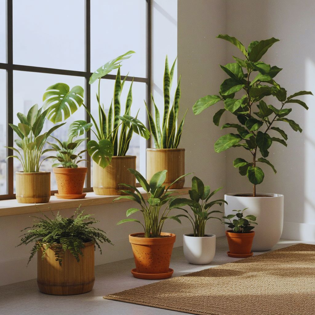 “Indoor plants in eco-friendly terracotta and bamboo planters by a sunlit window, symbolizing natural and sustainable home decor.”