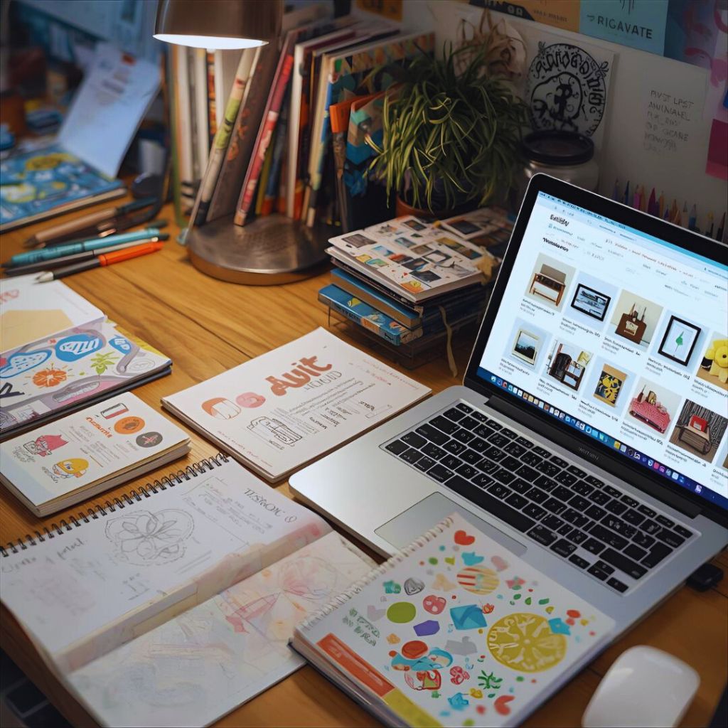 Laptop showing an expanding Etsy shop product collection with notebooks and digital art files on the desk.