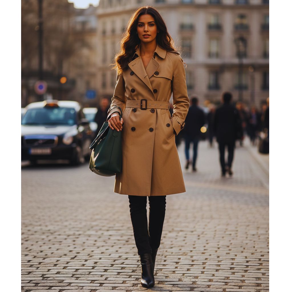 Detailed view of a beige trench coat showing signature features like epaulettes and double-breasted buttons.