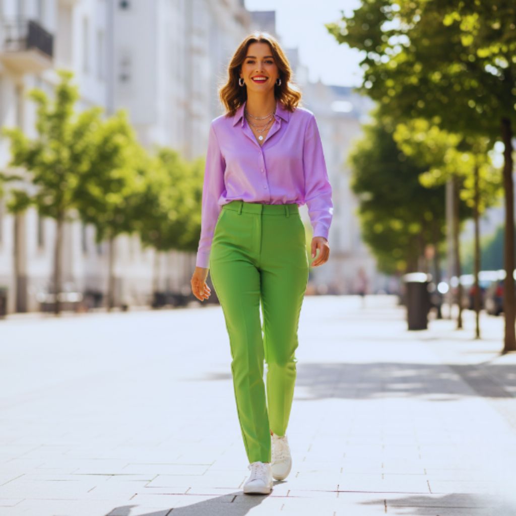 "Woman wearing lavender blouse with lime green trousers, white sneakers, and silver jewelry walking on a bright city street."