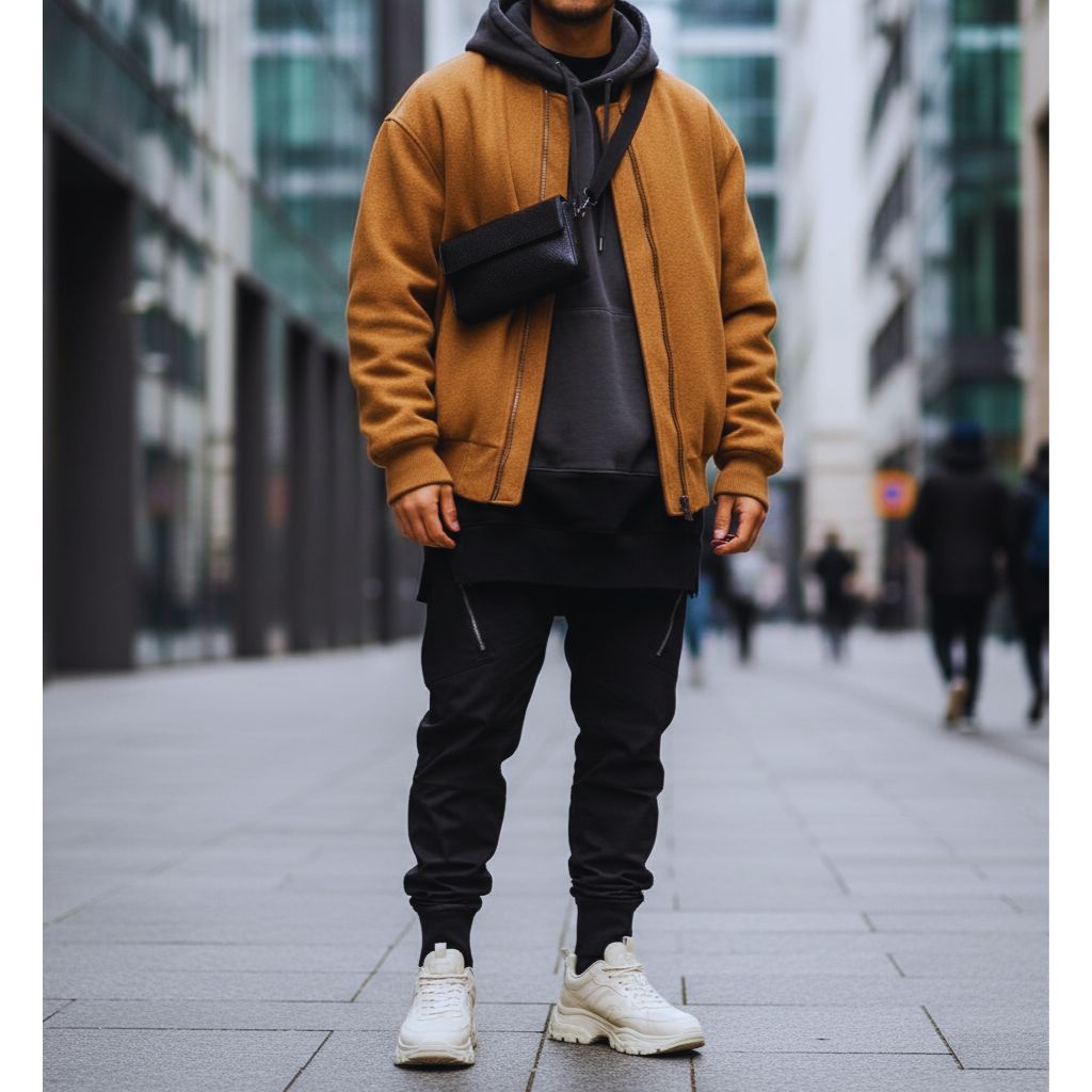 A man wearing layered athleisure pieces — bomber jacket, sweatshirt, and joggers — for a stylish modern look.