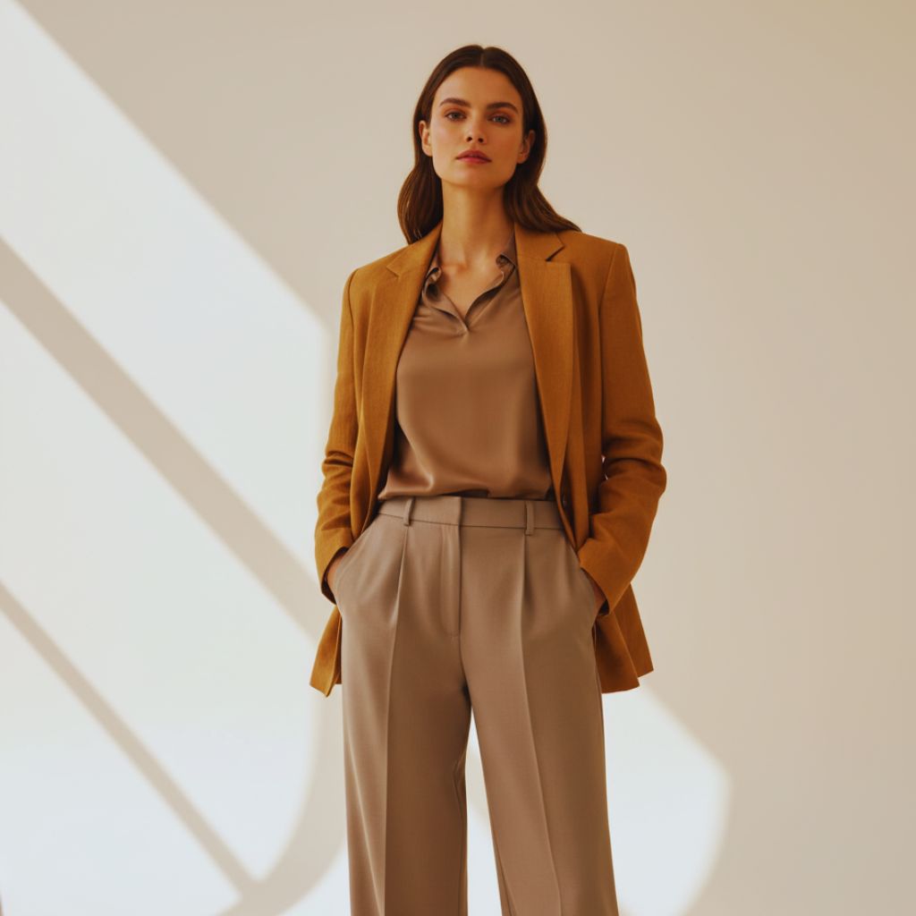Model wearing mocha blouse under a caramel blazer with taupe trousers, demonstrating layered neutral tones.
