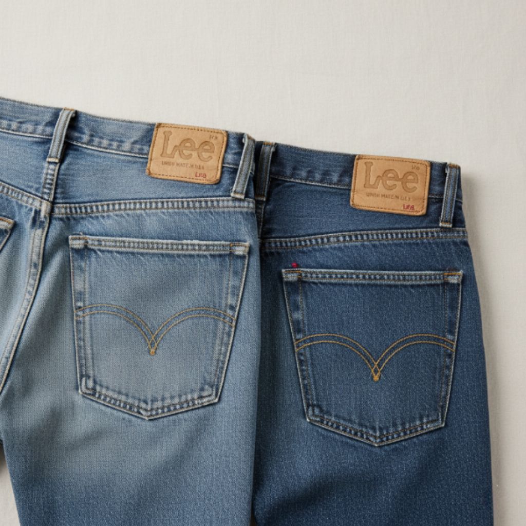 Vintage Lee jeans in faded blue with lazy S stitching and Union Made labels displayed flat on neutral background."