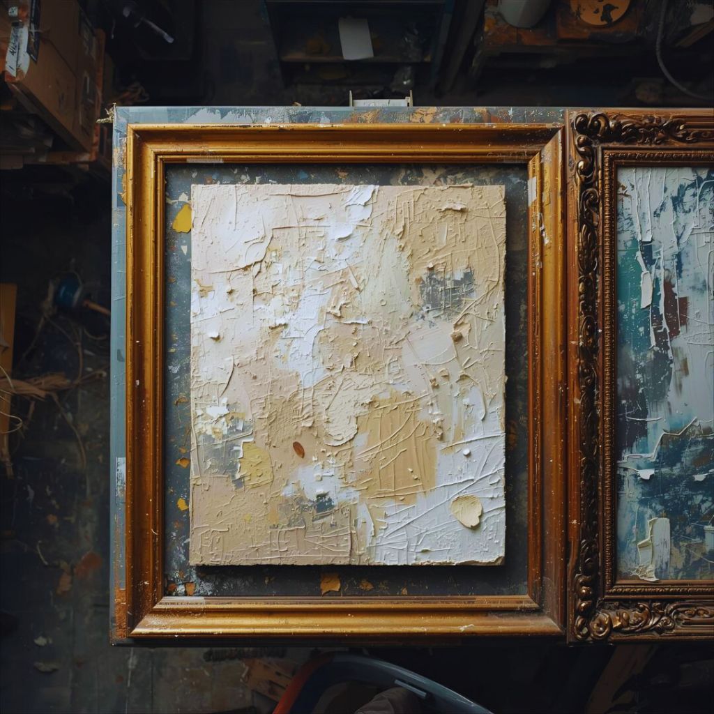 Textured wall art drying beside a gold frame and art supplies on a tabletop.