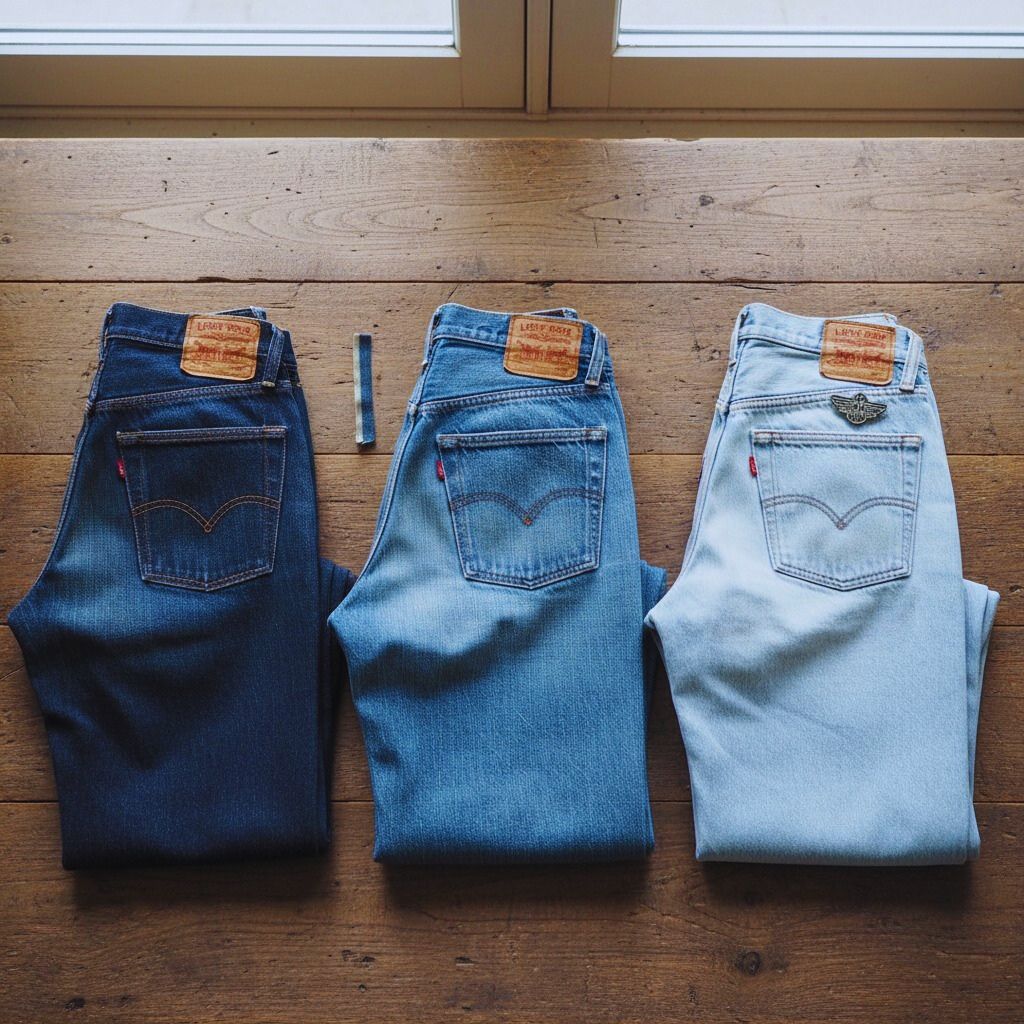 "Stack of vintage Levi’s jeans in different faded blue washes showing leather back patches and red tabs on a wooden surface."