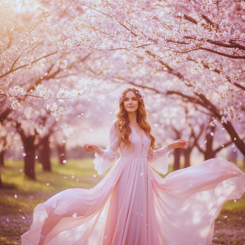 A serene woman wearing a light pink dress among cherry blossoms, symbolizing softness, kindness, and nurturing energy.