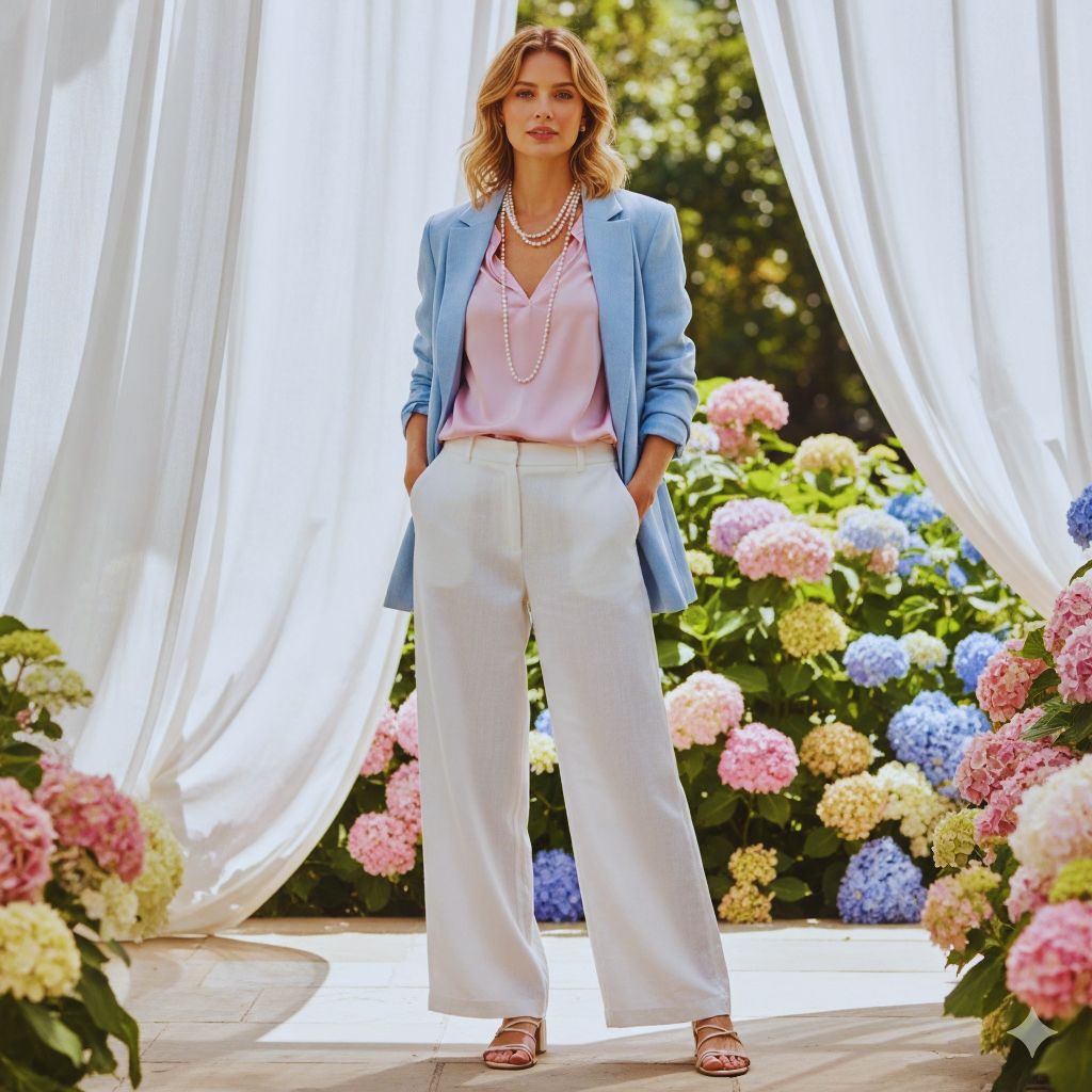 “Woman in pastel outfit with soft lighting, showcasing how lighter colors brighten the face and create a youthful glow.”