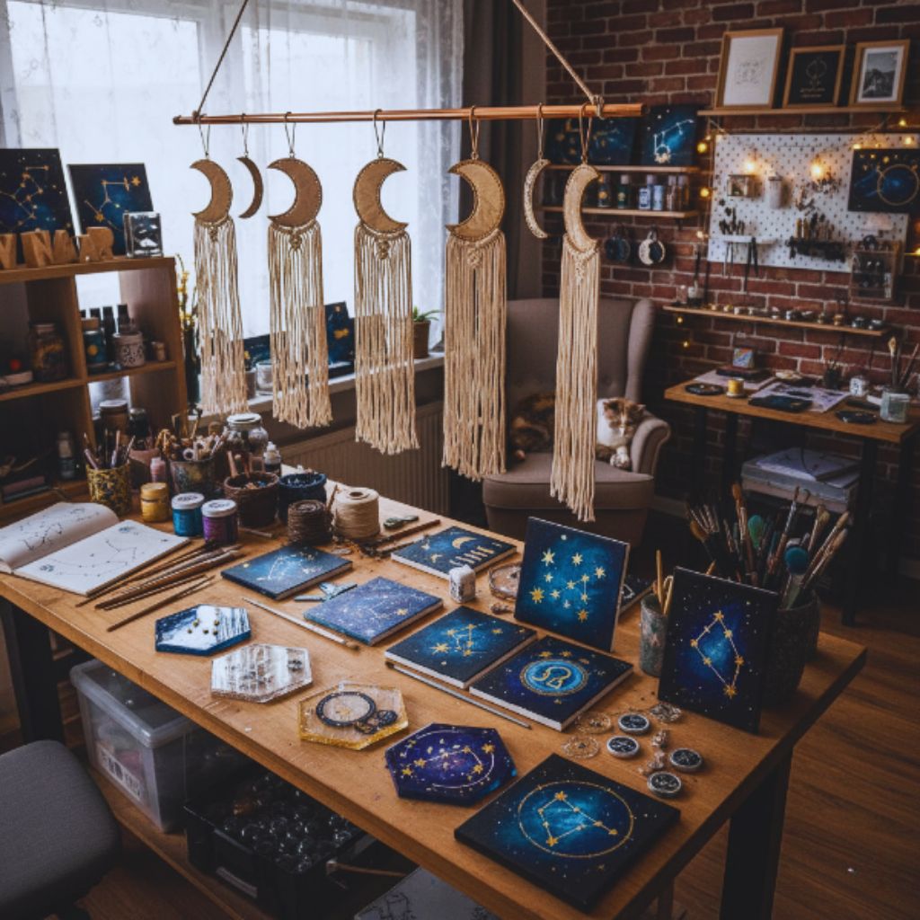“Local artisan crafting moon phase wall decor and celestial-inspired artwork.”