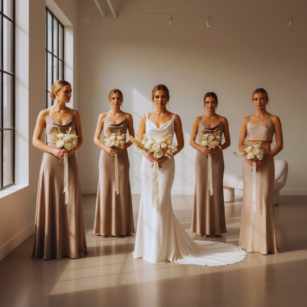 “Bridal party dressed in neutral shades—champagne, taupe, and mocha—posed elegantly indoors.”