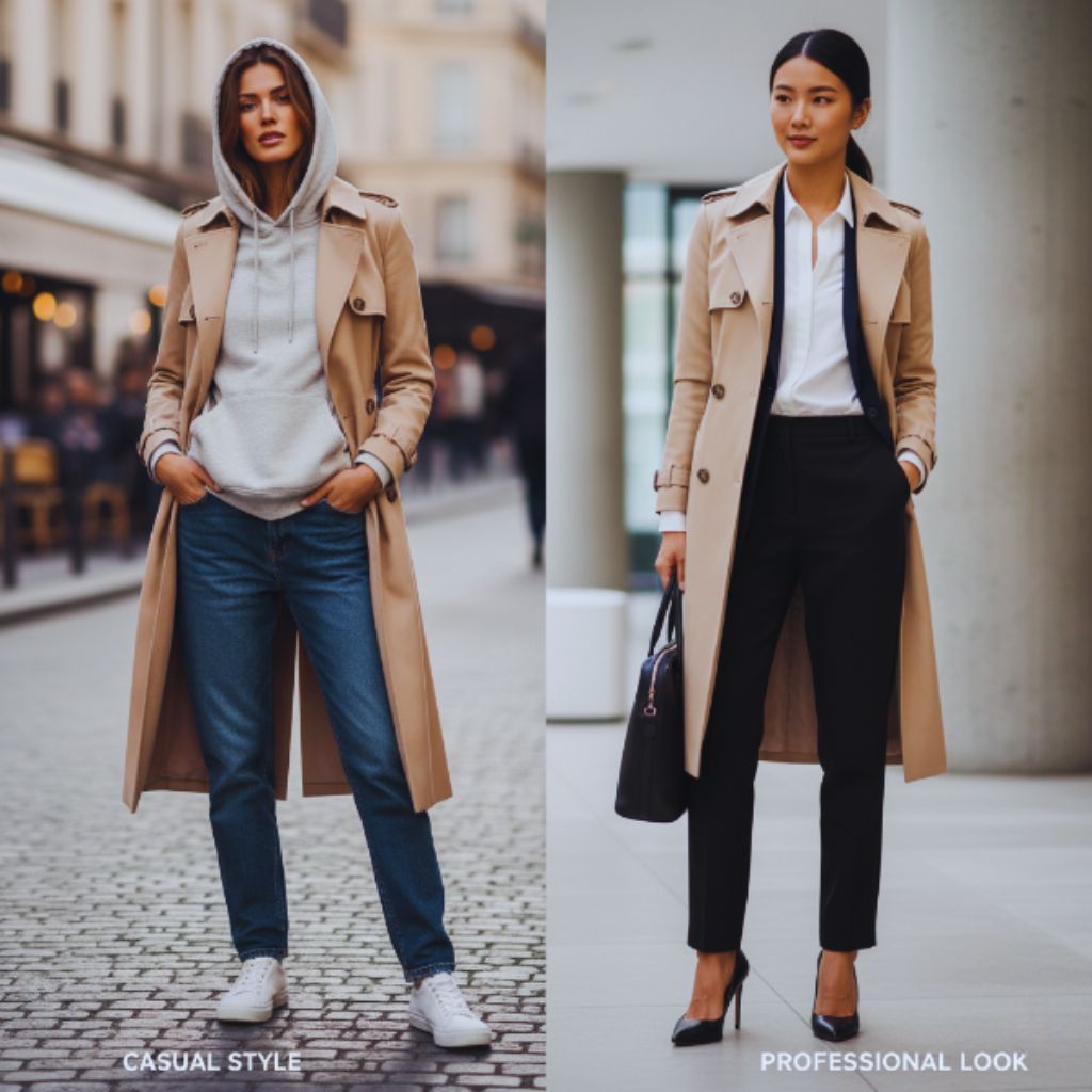 Different trench coat layering combinations showcasing casual and formal looks.