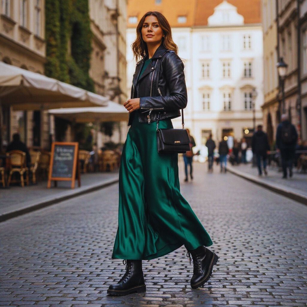 Woman in a satin maxi skirt and combat boots, styled with a leather jacket for a chic grunge-inspired outfit.