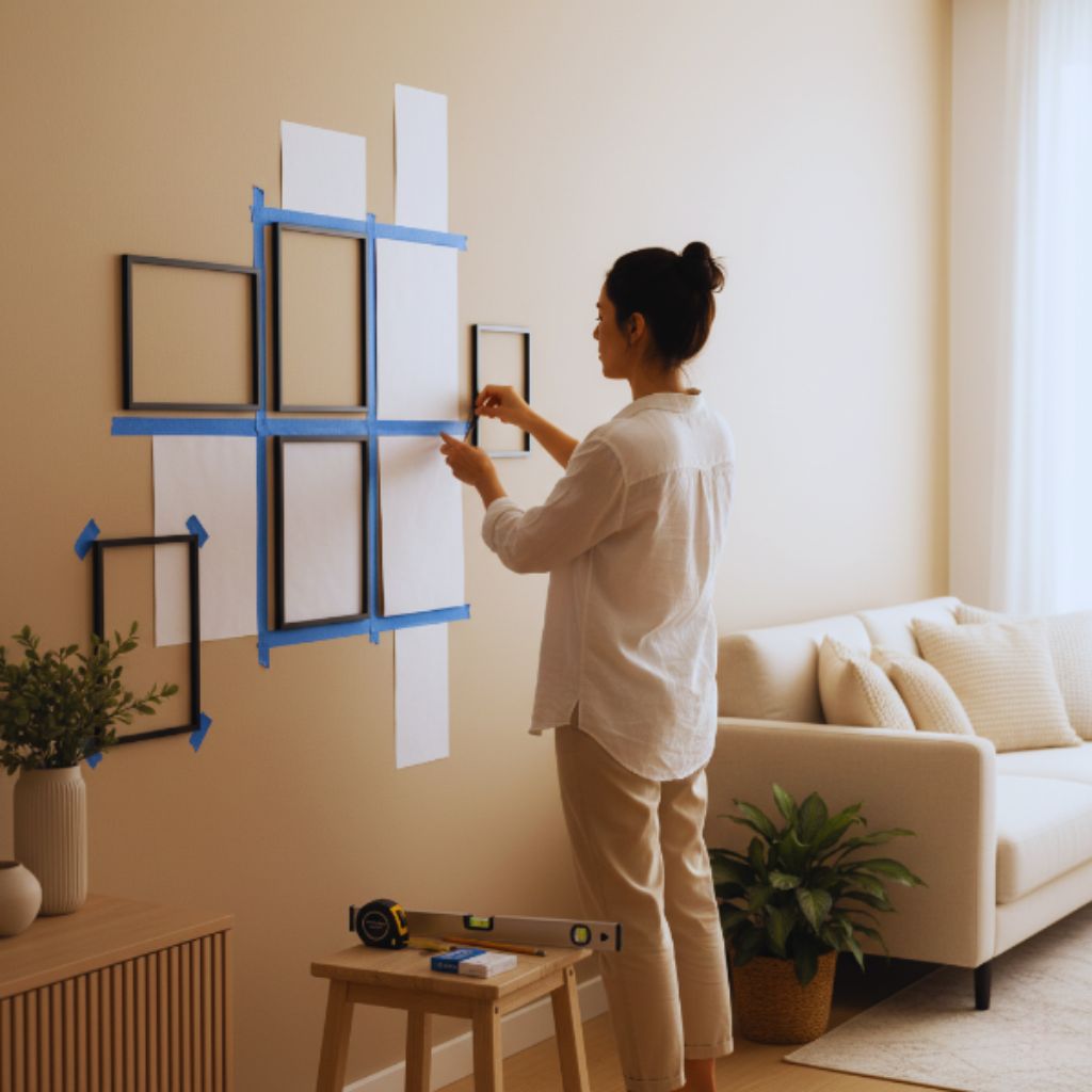 A person arranging paper cutouts on a wall to plan a quote wall layout, with a tape measure and Command strips nearby in a modern, softly lit room.