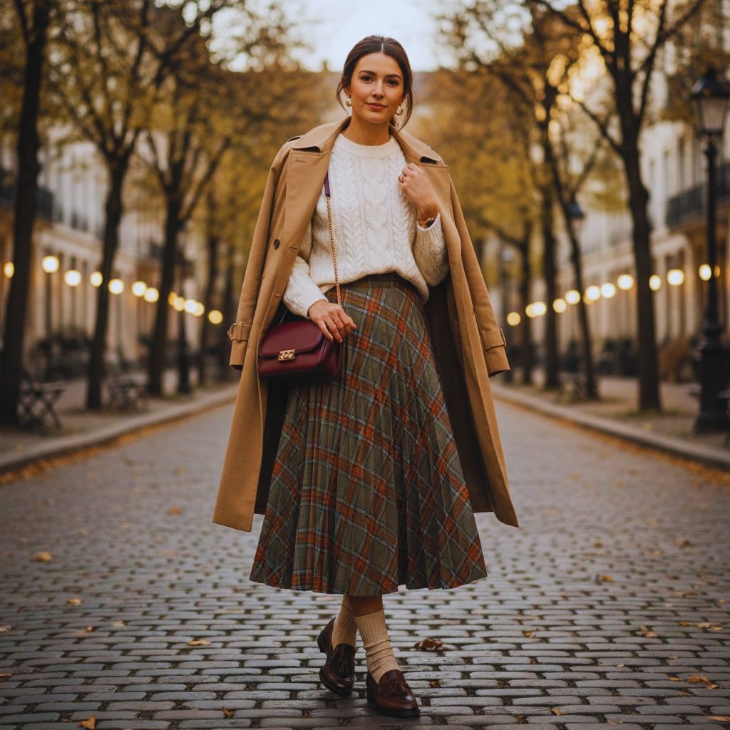 “Muted-tone pleated midi skirt paired with a cozy knit sweater and loafers, layered with a trench coat over the shoulders.”
