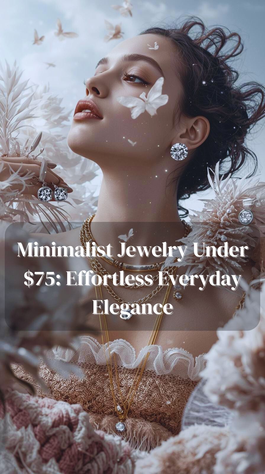 Flat lay of minimalist gold jewelry including a necklace, hoops, rings, bracelet, and studs arranged on a neutral fabric background.