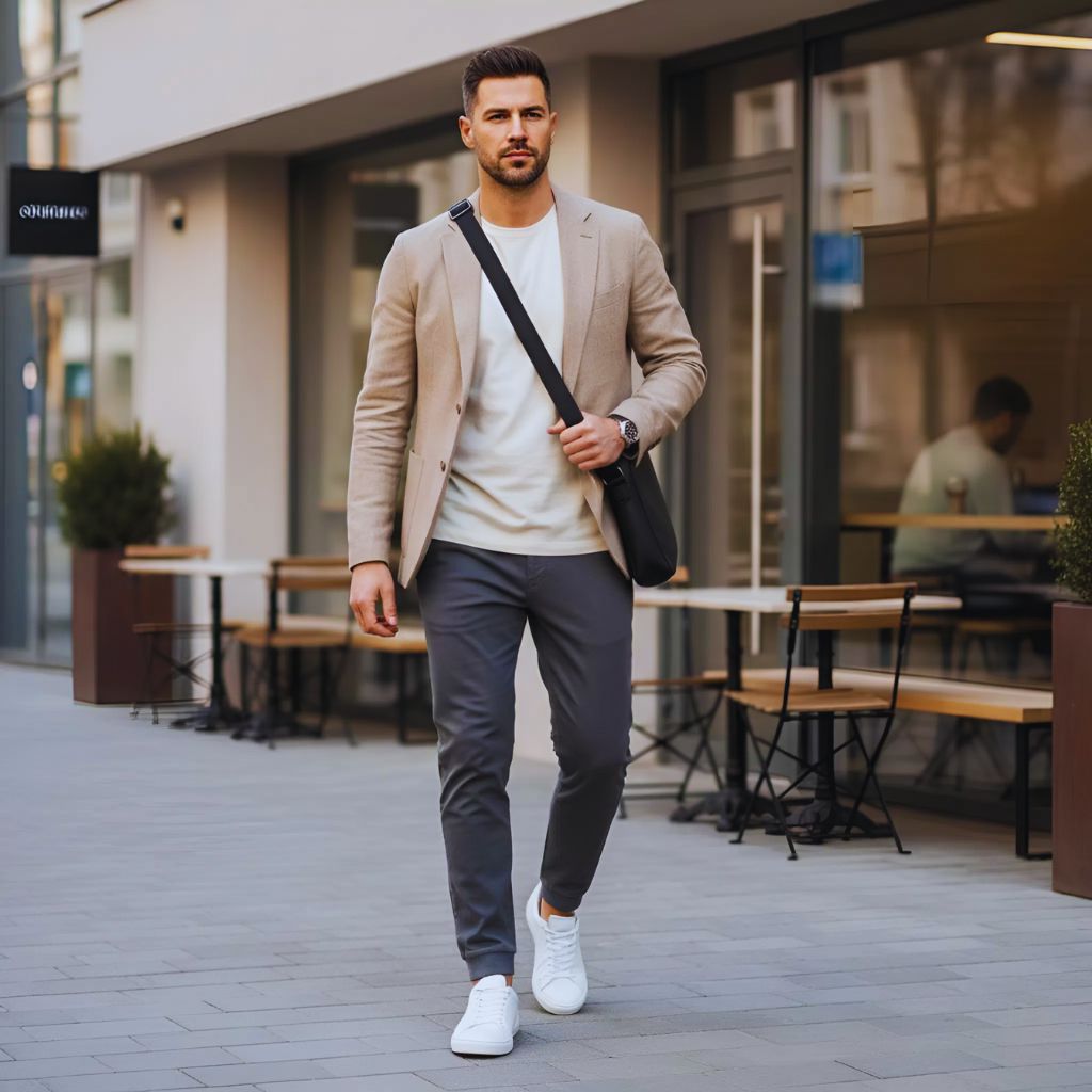 A man wearing a blazer with joggers and sneakers, blending athleisure with smart-casual style.