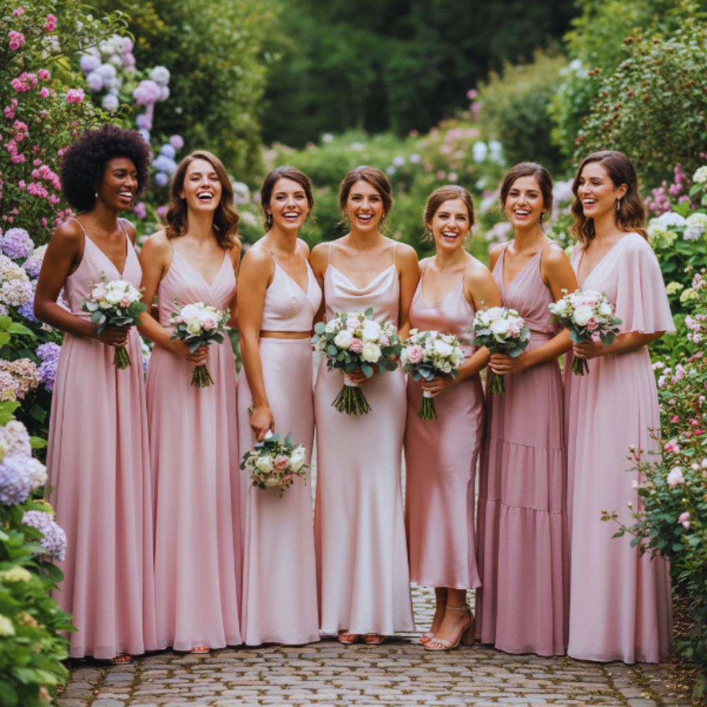 “Bridesmaids in varied dresses and fabrics—chiffon, silk, satin—in shades of blush, dusty rose, and mauve, smiling together outdoors.”