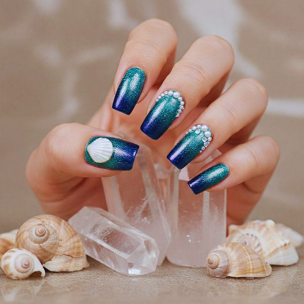 Hand with gradient teal and navy manicure, holographic shine, and shell accents, styled with seashells and mystical props.