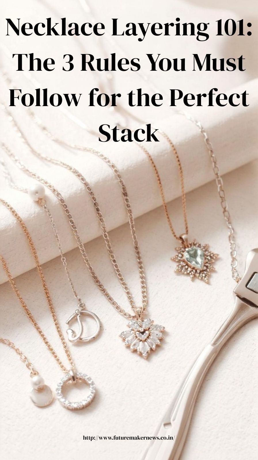 Close-up of a woman’s neck wearing multiple layered necklaces of different lengths and textures, showing how to create a balanced and elegant necklace stack.