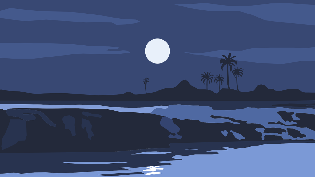 Serene night landscape with a full moon reflecting over a calm lake and palm trees in the distance.