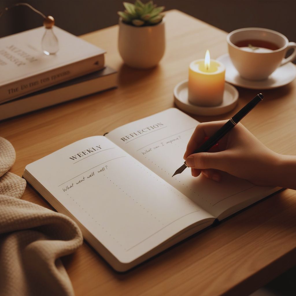 Open reflection journal page with handwritten notes on weekly wins and improvements beside a lit candle.