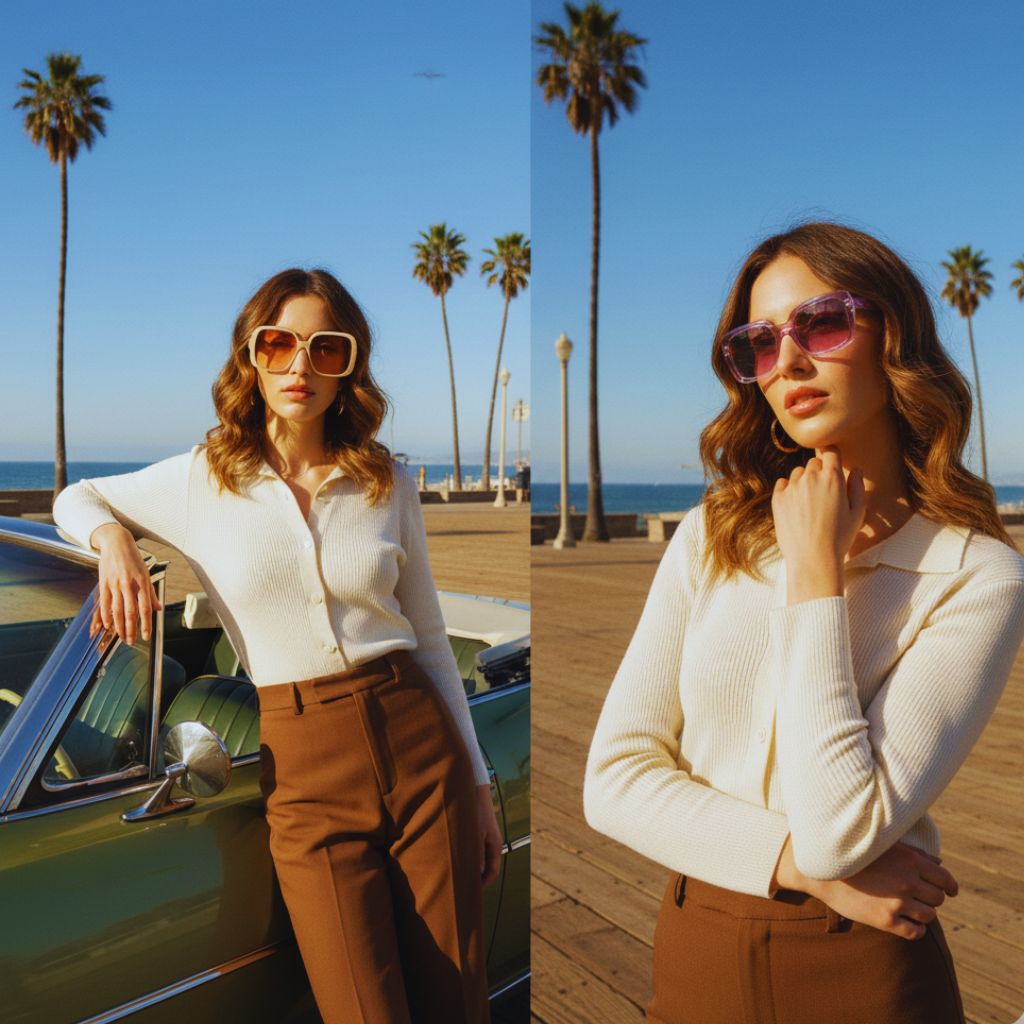 “Person with an oblong face wearing oversized 70s sunglasses and chunky 90s frames for a balanced look.”