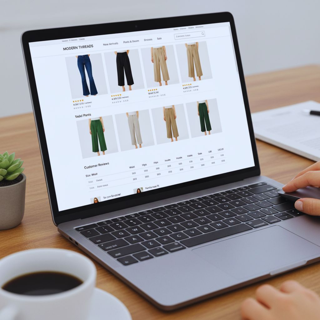 Online store displaying various wide-leg pants with reviews and size guides on a laptop screen.