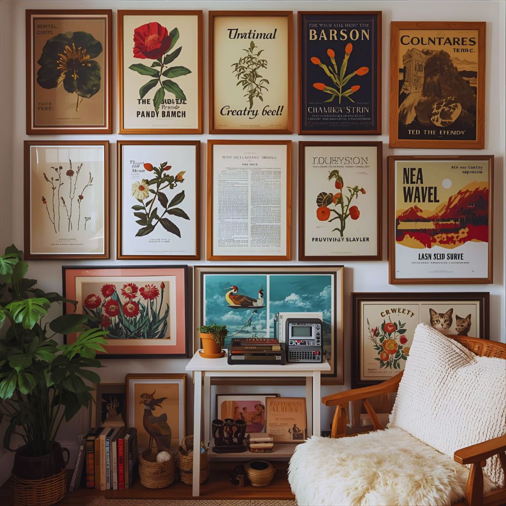 Gallery wall featuring a mix of vintage posters in wooden frames from Etsy vintage shops.