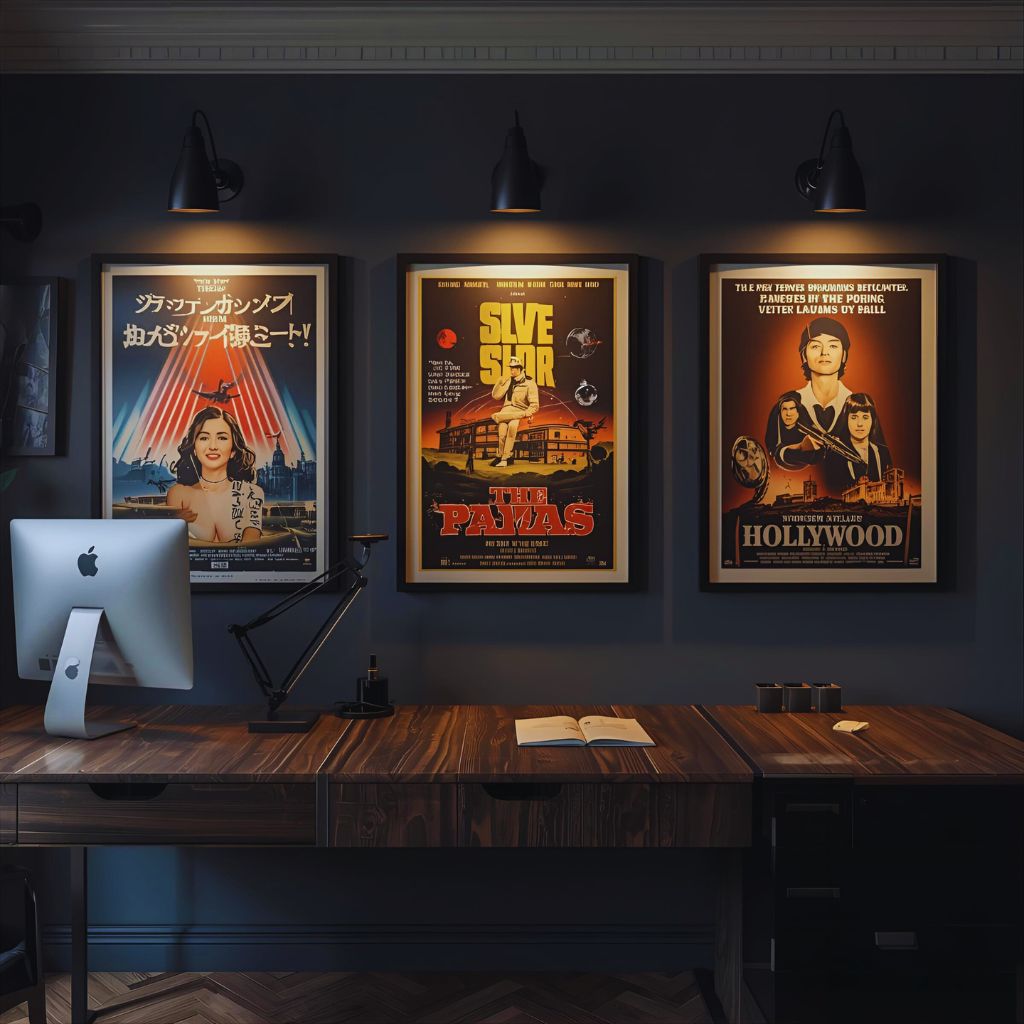Home office wall featuring authentic framed vintage film posters from the 1960s and 1970s.
