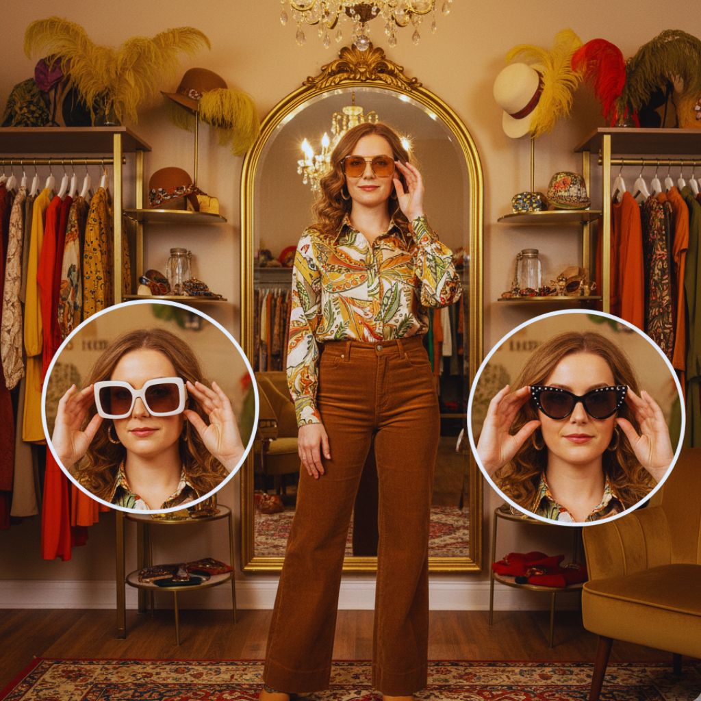 “Woman with an oval face wearing aviators and oversized square sunglasses, showcasing versatile eyewear styles.”