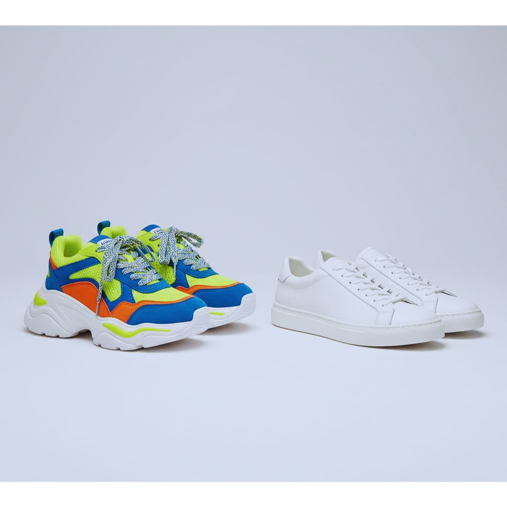Comparison of bulky platform sneakers and minimalist leather trainers on a beige background, showing the shift from outdated to refined footwear.