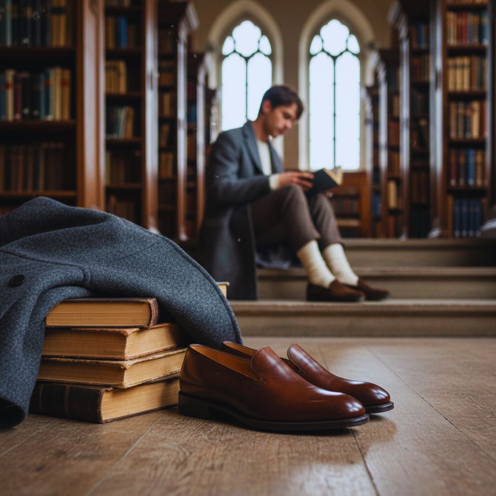 Brown leather Oxford shoes styled with wool socks and books for a Dark Academia aesthetic.