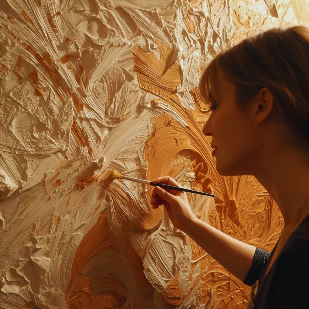 DIY artist painting over textured wall art with neutral beige and terracotta tones.