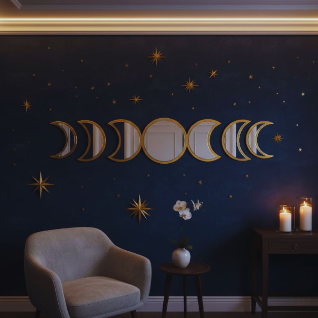 “Moon phase mirrors and metallic gold accents reflecting soft ambient light in a celestial-themed room.”