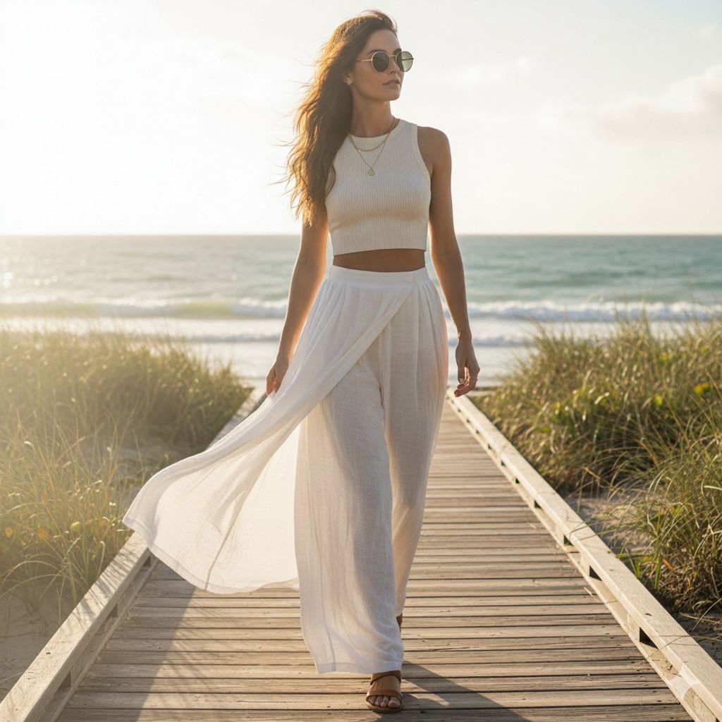 Woman in lightweight flowy palazzo pants and crop top enjoying a sunny outdoor setting.