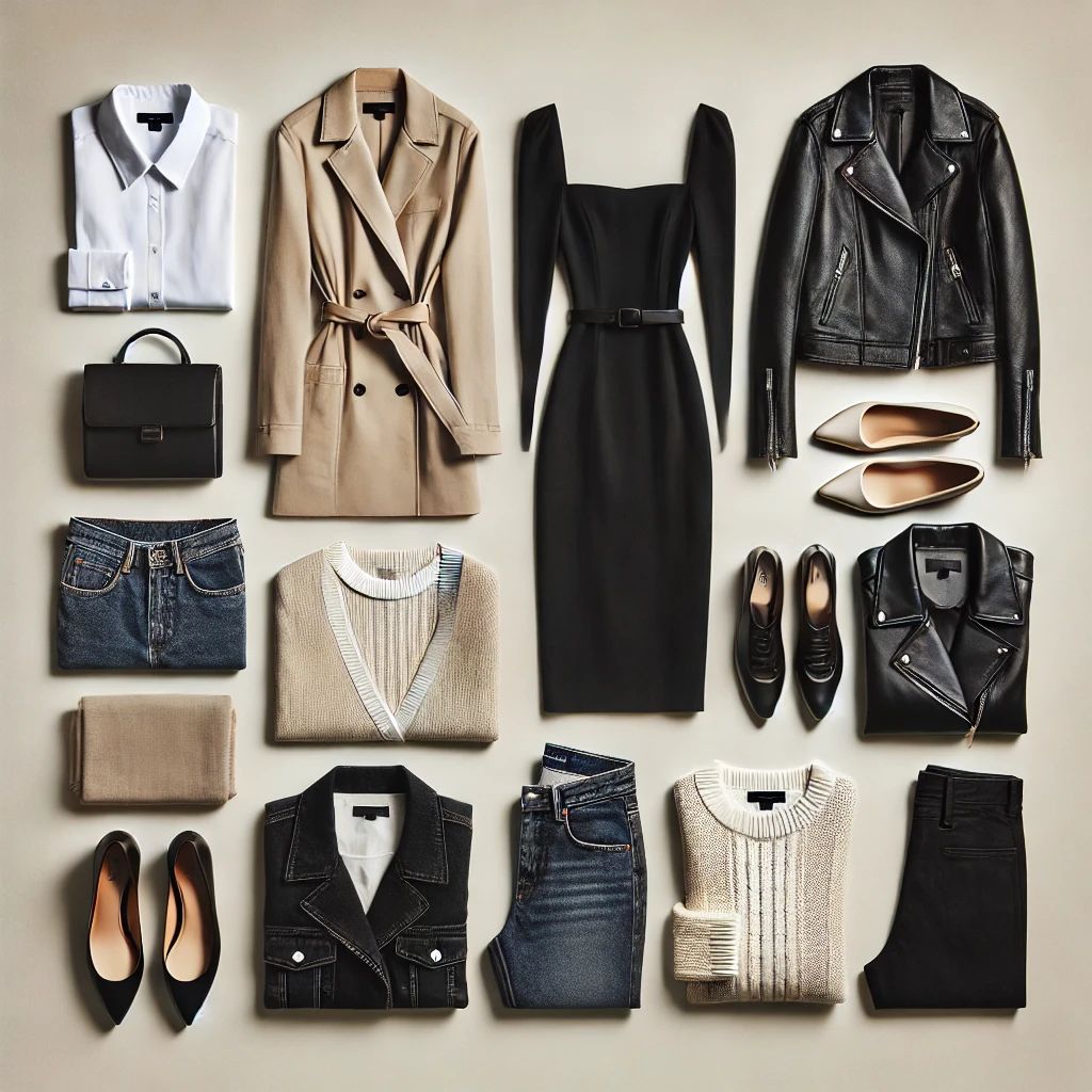 Flat lay of minimalist capsule wardrobe essentials including tops, pants, and shoes.