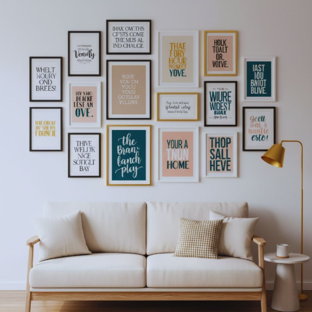 A cozy modern quote wall with framed typography art in black, beige, and colorful tones, combining matte and glossy finishes above a desk in a softly lit room.