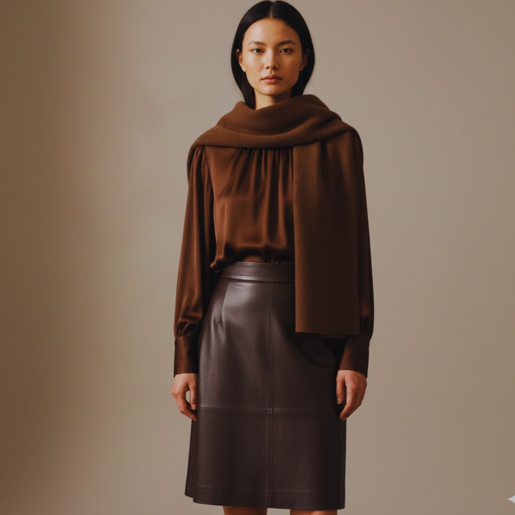 Close-up of silk, leather, and cashmere textures layered in a brown-toned outfit for visual depth.