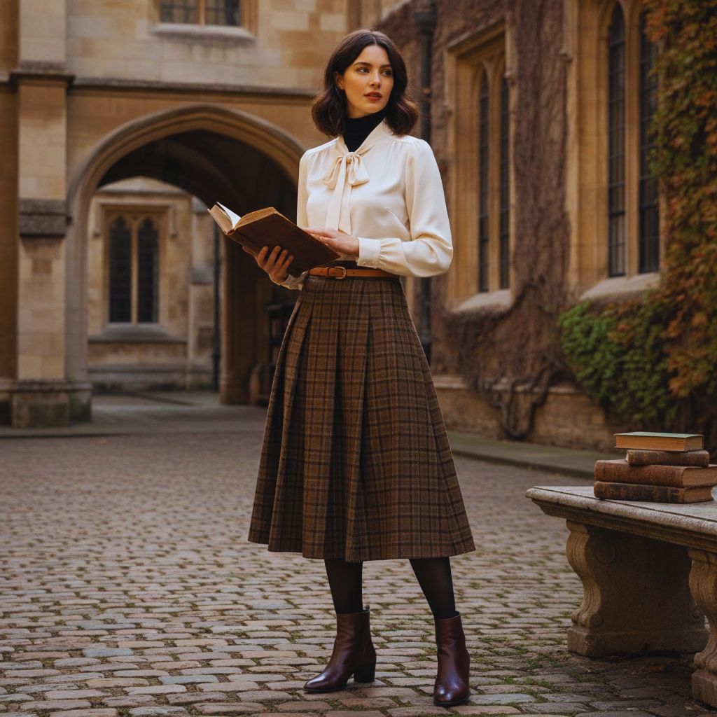 Person wearing plaid pleated skirt, blouse, and boots in a classic Dark Academia outfit.