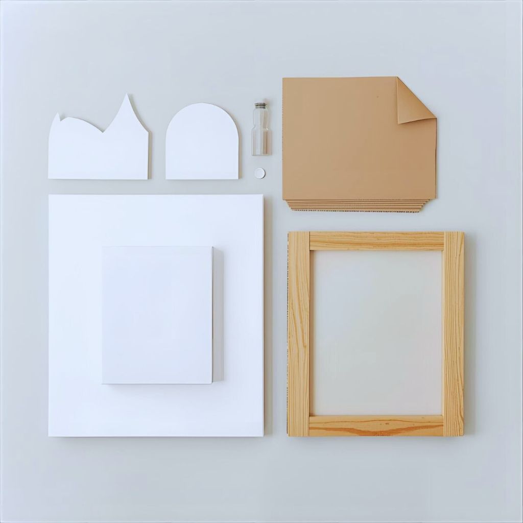 DIY art setup showing blank canvas, foam board, and photo frame ready for texture application.